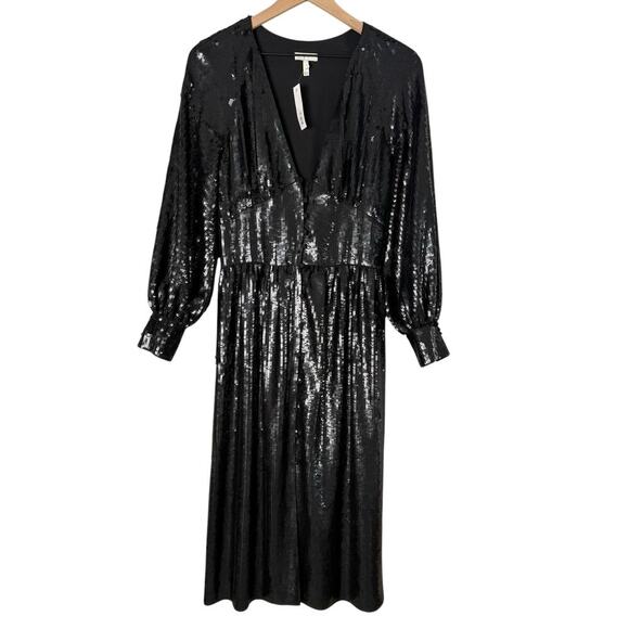 NWT Joie‎ Black Sequin Kyria Midi Dress Long Sleeves Button Front V-Neck, Size 4 - Picture 2 of 16